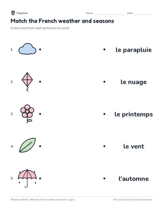 Match the French weather and seasons: vocabulary worksheet for Grade 5, page 1 preview