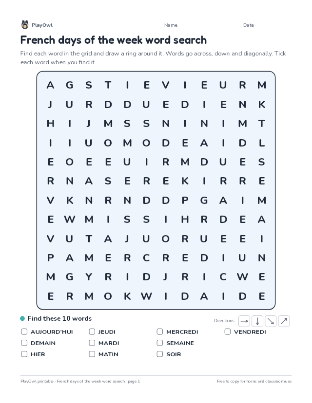 French days of the week word search: word search for Grade 5, page 1 preview