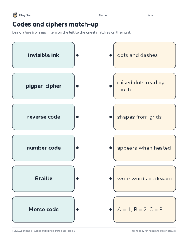 Codes and ciphers match-up: matching worksheet for Grade 5, page 1 preview