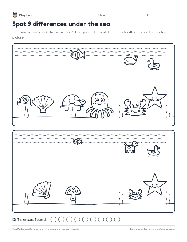 Spot 9 differences under the sea: spot the difference puzzle for Grade 5, page 1 preview