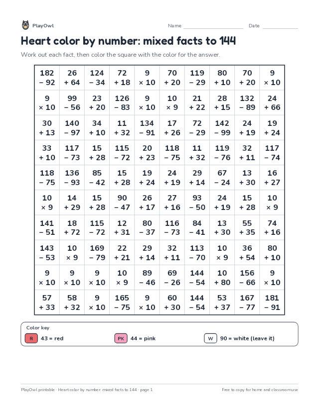 Heart color by number: mixed facts to 144: color-by-number page for Grade 5, page 1 preview