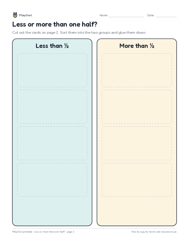 Less or more than one half?: cut-and-sort worksheet for Grade 5, page 1 preview