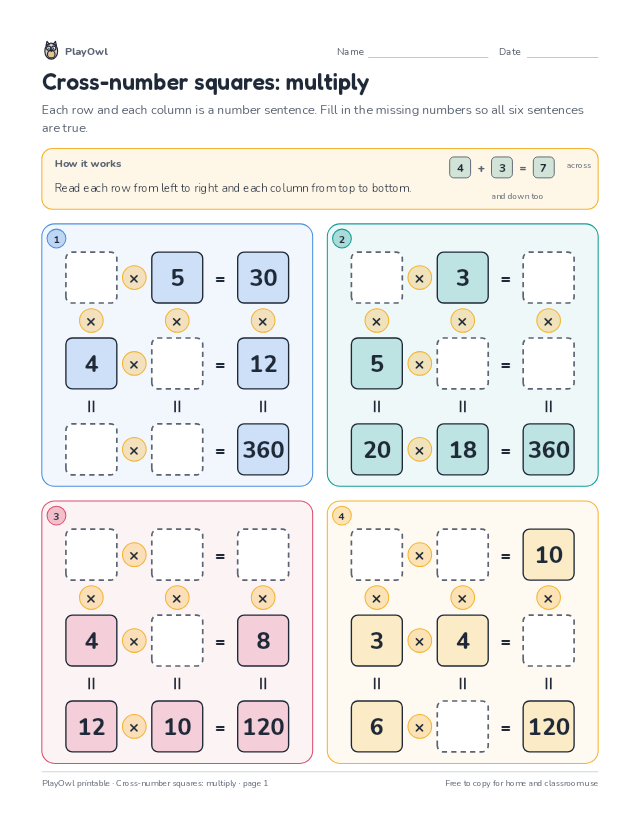 Cross-number squares: multiply: math puzzle for Grade 5, page 1 preview