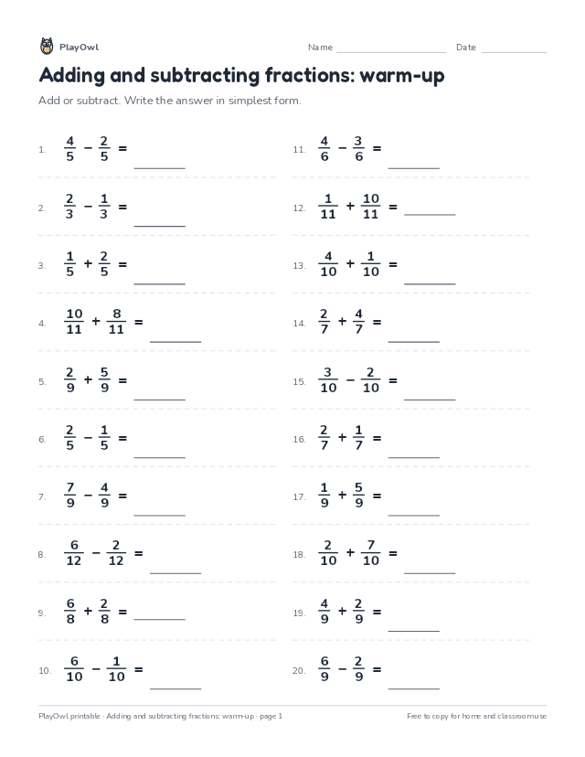 Adding and subtracting fractions: warm-up: math worksheet for Grade 5, page 1 preview