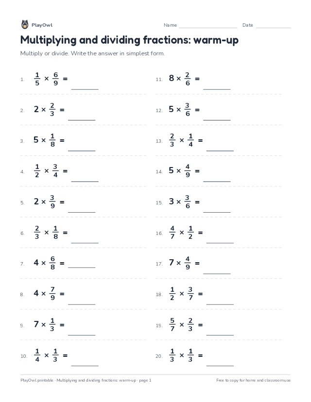 Multiplying and dividing fractions: warm-up: math worksheet for Grade 5, page 1 preview