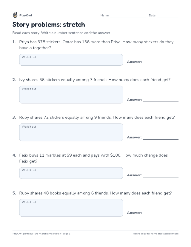 Story problems: stretch: math worksheet for Grade 5, page 1 preview