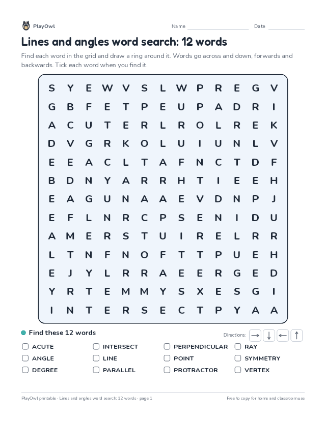 Lines and angles word search: 12 words: word search for Grade 5, page 1 preview