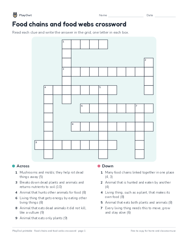Food chains and food webs crossword: crossword puzzle for Grade 5, page 1 preview
