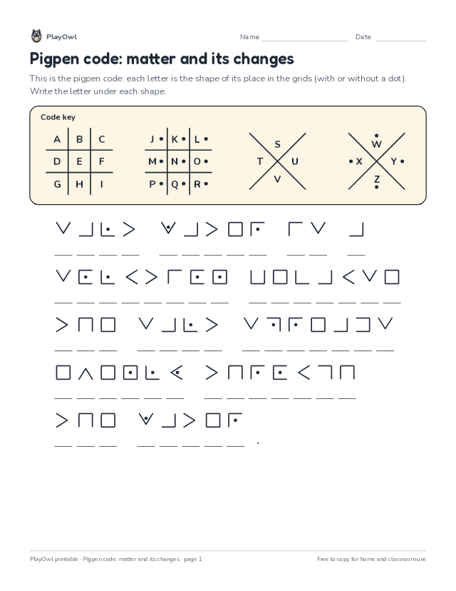 Pigpen code: matter and its changes: secret code puzzle for Grade 5, page 1 preview