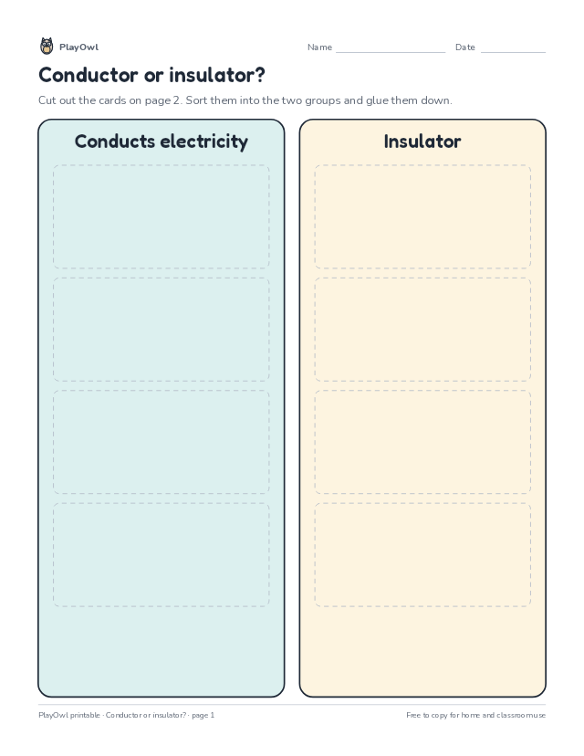 Conductor or insulator?: cut-and-sort worksheet for Grades 5–6, page 1 preview