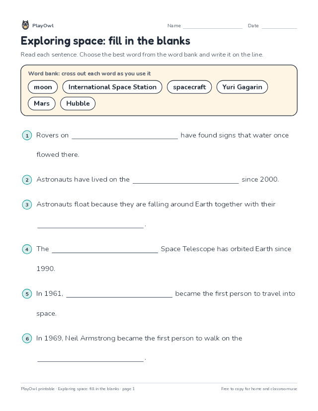 Exploring space: fill in the blanks: fill-in-the-blank worksheet for Grade 5, page 1 preview