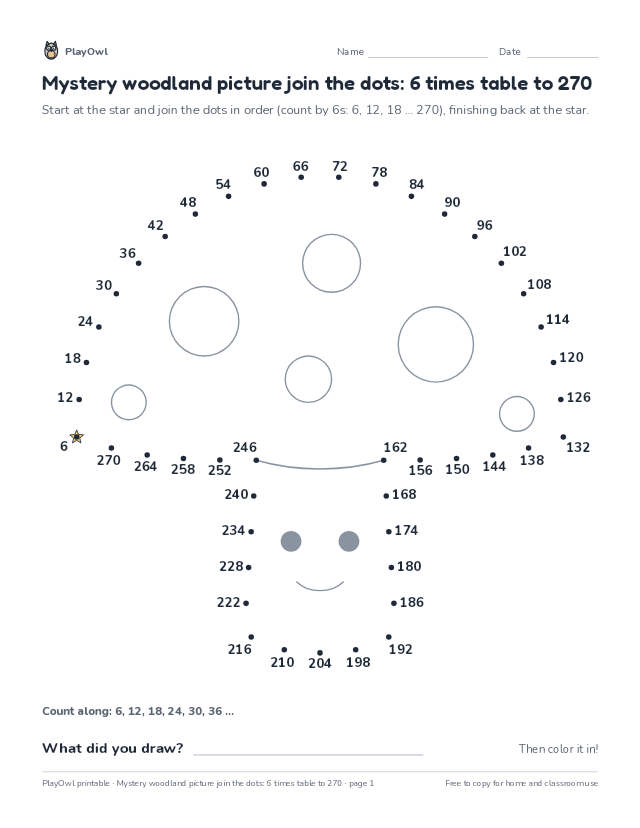 Mystery woodland picture join the dots: 6 times table to 270: dot-to-dot for Grade 5, page 1 preview