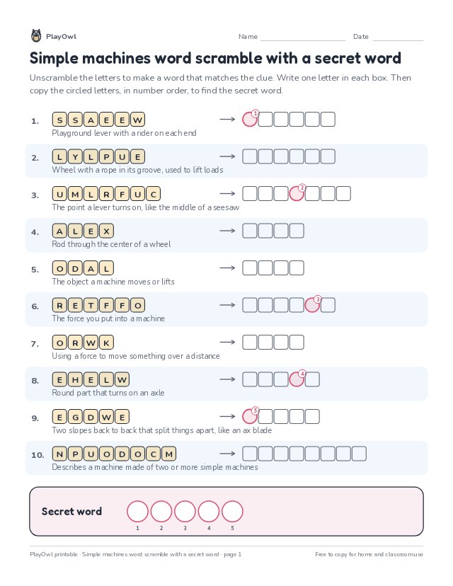 Simple machines word scramble with a secret word: word scramble for Grade 5, page 1 preview