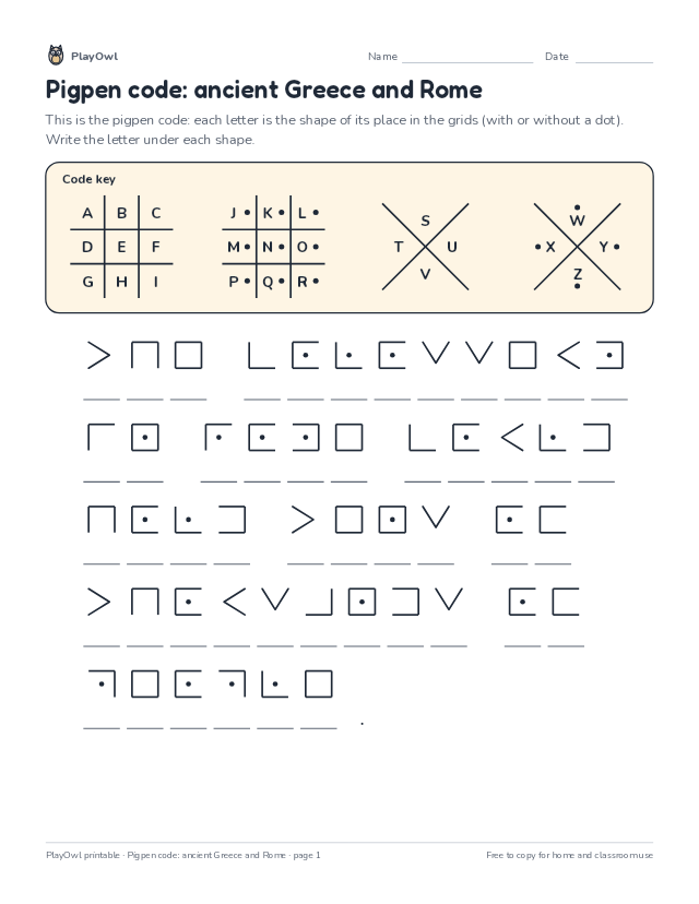 Pigpen code: ancient Greece and Rome: secret code puzzle for Grade 5, page 1 preview