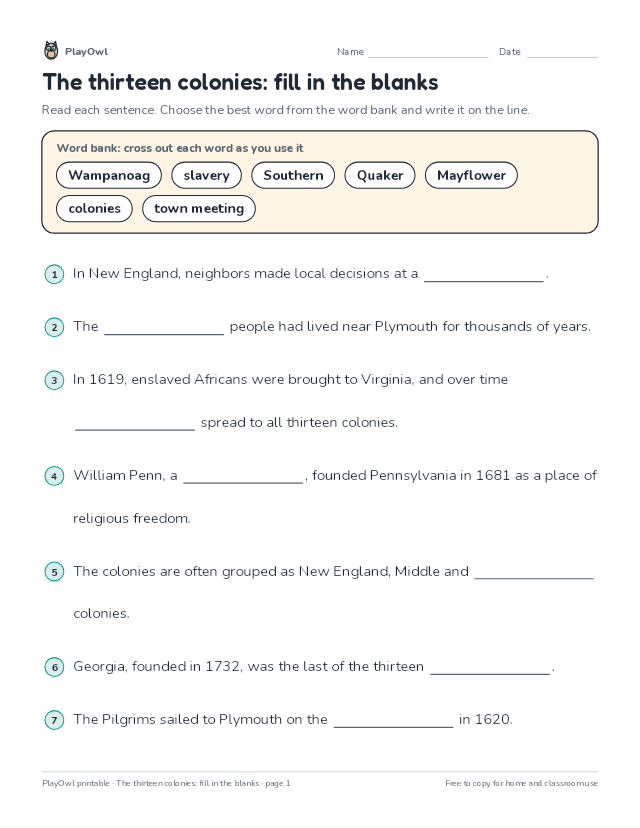The thirteen colonies: fill in the blanks: fill-in-the-blank worksheet for Grade 5, page 1 preview