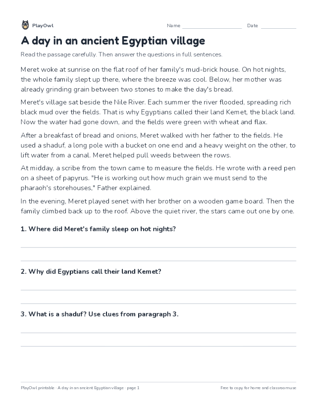A day in an ancient Egyptian village: reading passage for Grade 5, page 1 preview