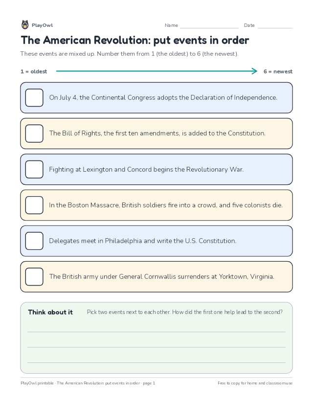 The American Revolution: put events in order: timeline worksheet for Grade 5, page 1 preview