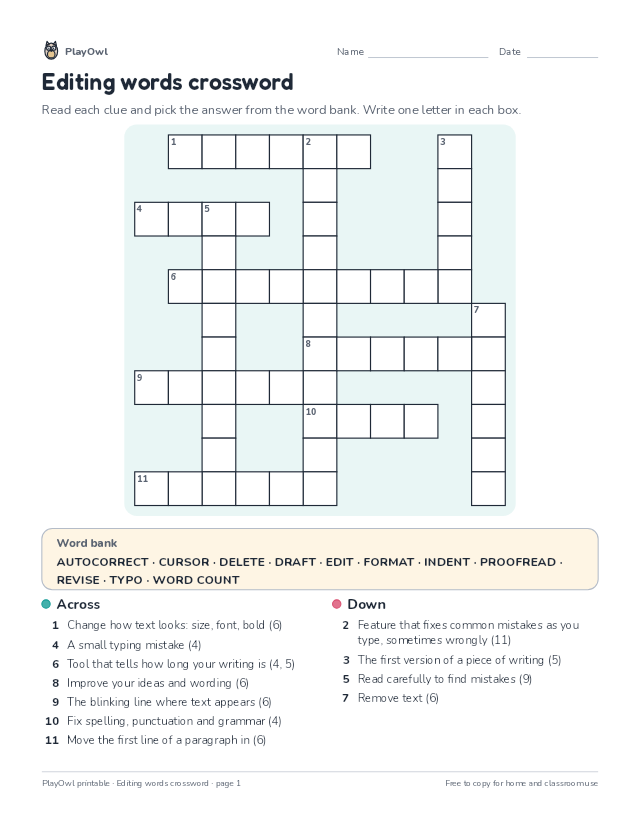 Editing words crossword: crossword puzzle for Grade 5, page 1 preview