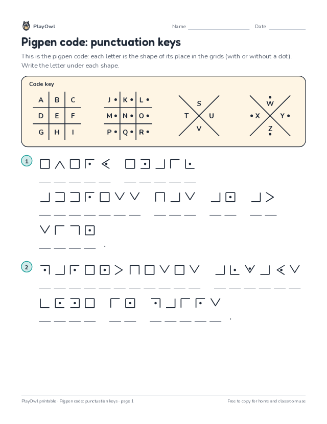 Pigpen code: punctuation keys: secret code puzzle for Grade 5, page 1 preview