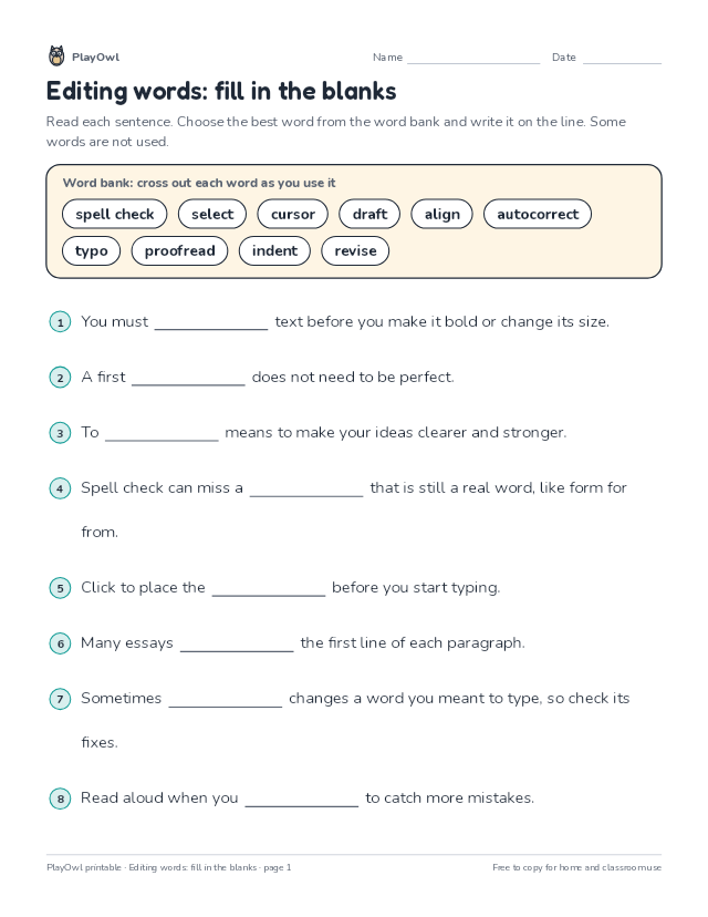 Editing words: fill in the blanks: fill-in-the-blank worksheet for Grade 5, page 1 preview