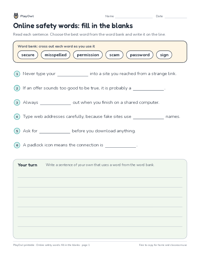 Online safety words: fill in the blanks: fill-in-the-blank worksheet for Grade 5, page 1 preview