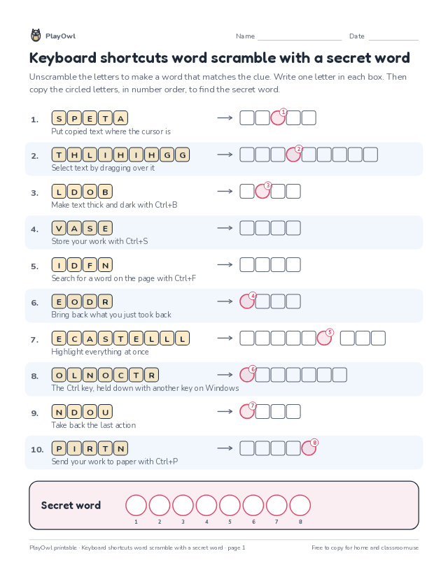 Keyboard shortcuts word scramble with a secret word: word scramble for Grade 5, page 1 preview