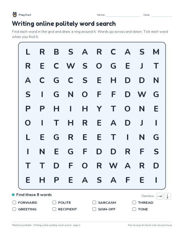 Writing online politely word search: word search for Grade 5, page 1 preview