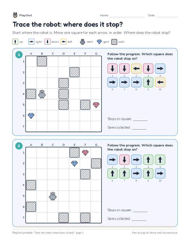 Trace the robot: where does it stop?: coding puzzle for Grade 6, page 1 preview