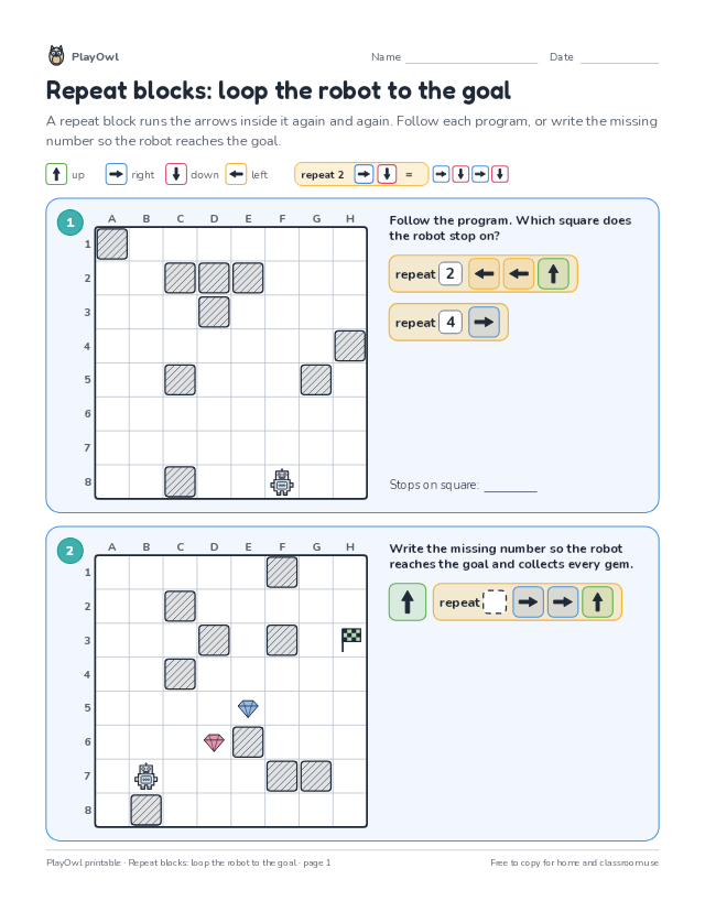 Repeat blocks: loop the robot to the goal: coding puzzle for Grade 6, page 1 preview