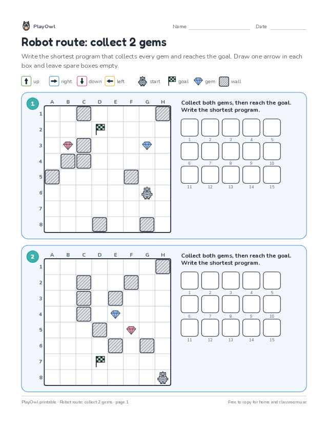 Robot route: collect 2 gems: coding puzzle for Grade 6, page 1 preview