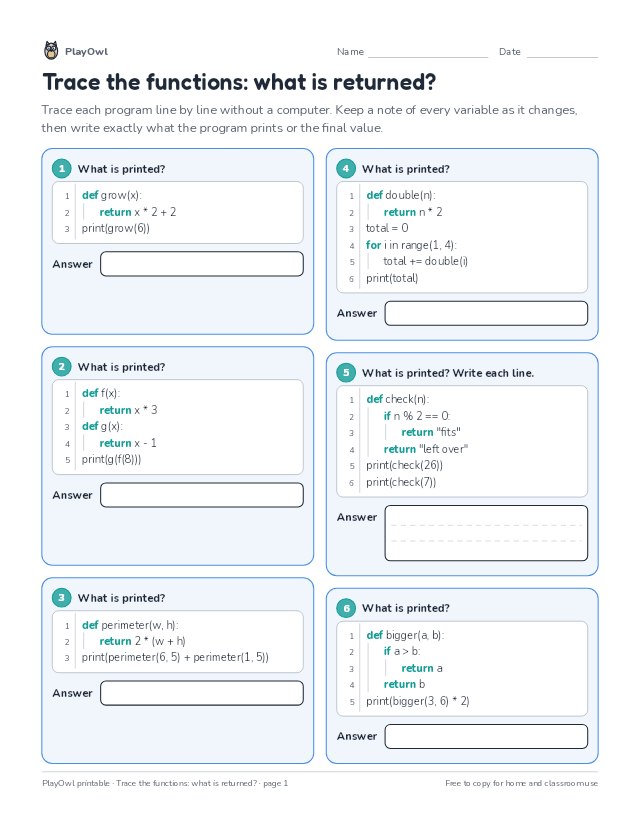 Trace the functions: what is returned?: coding worksheet for Grades 6–7, page 1 preview