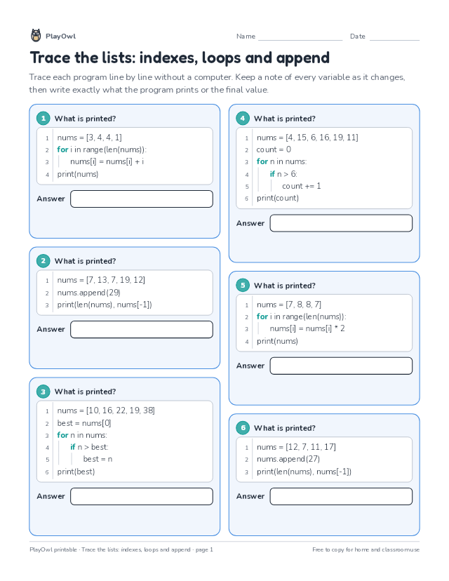Trace the lists: indexes, loops and append: coding worksheet for Grades 6–8, page 1 preview