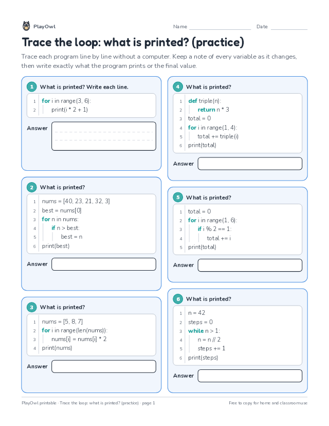 Trace the loop: what is printed? (practice): coding worksheet for Grades 6–8, page 1 preview