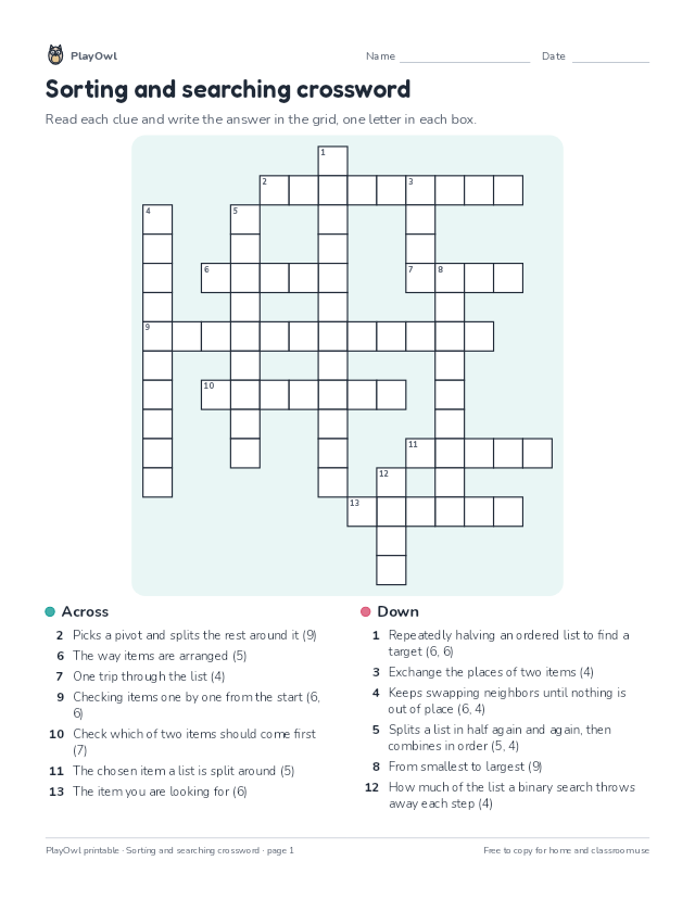 Sorting and searching crossword: crossword puzzle for Grade 6, page 1 preview