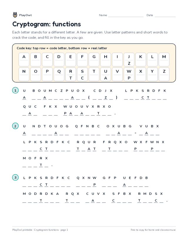 Cryptogram: functions: secret code puzzle for Grade 6, page 1 preview