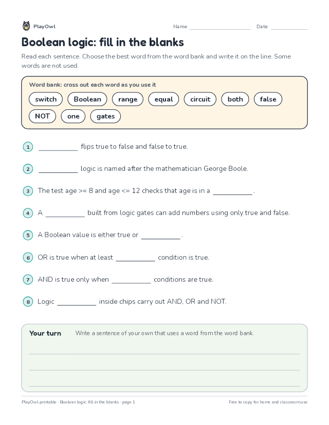 Boolean logic: fill in the blanks: fill-in-the-blank worksheet for Grade 6, page 1 preview