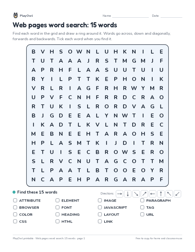 Web pages word search: 15 words: word search for Grade 6, page 1 preview