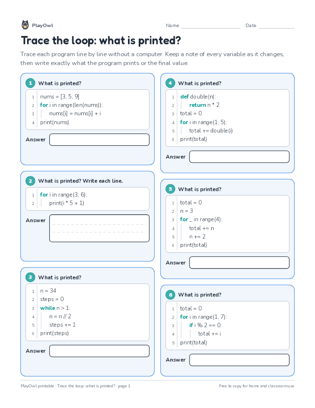 Trace the loop: what is printed?: coding worksheet for Grades 6–7, page 1 preview