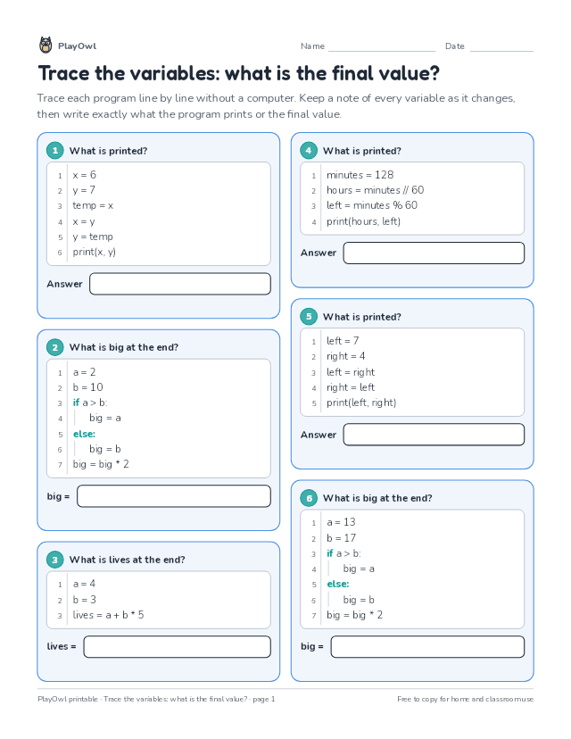 Trace the variables: what is the final value?: coding worksheet for Grade 6, page 1 preview