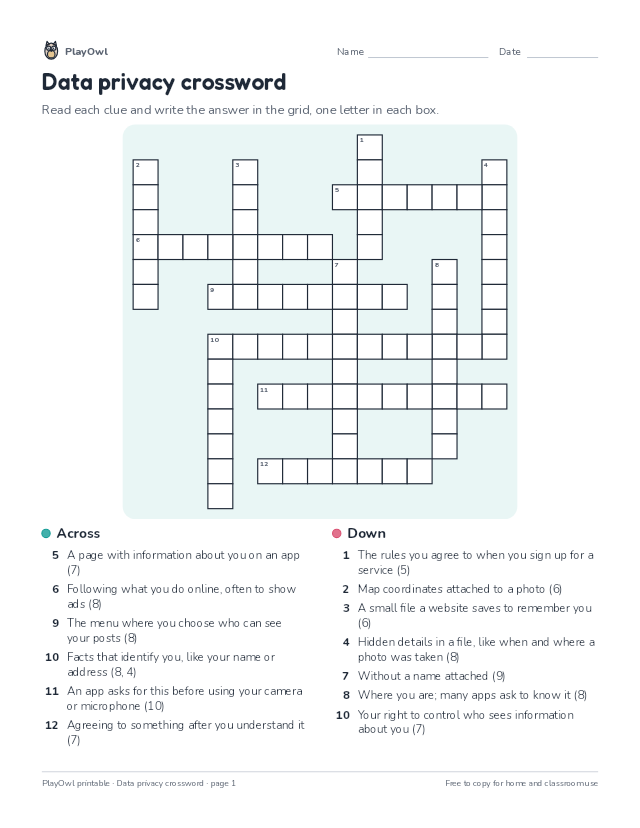 Data privacy crossword: crossword puzzle for Grade 6, page 1 preview