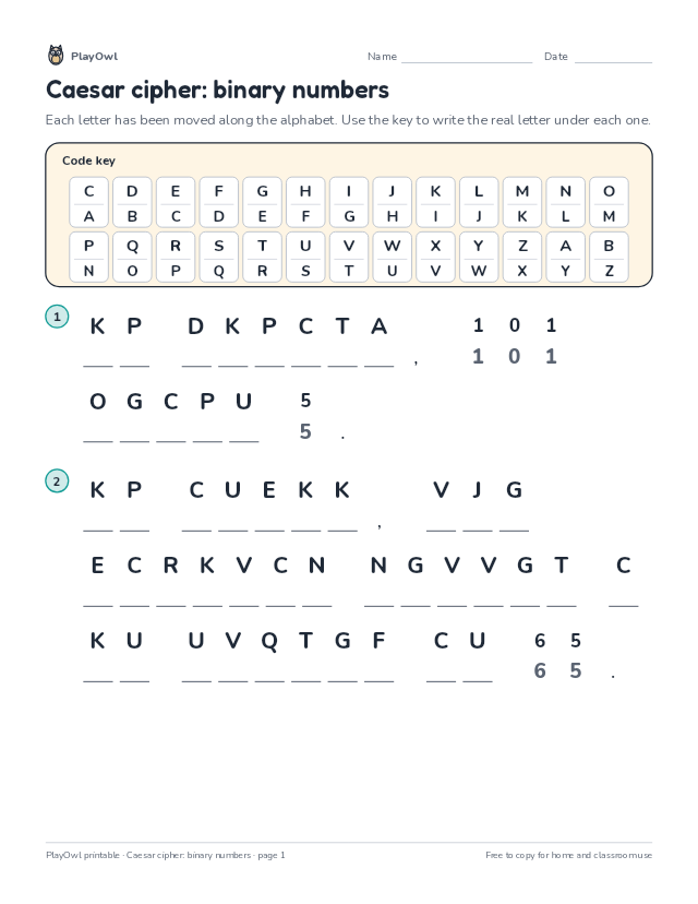 Caesar cipher: binary numbers: secret code puzzle for Grade 6, page 1 preview