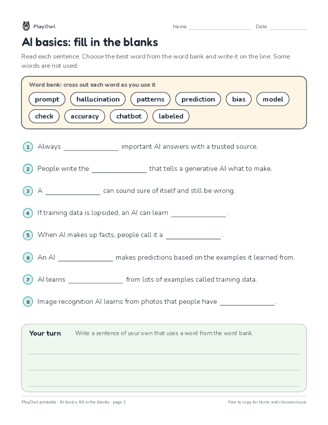 AI basics: fill in the blanks: fill-in-the-blank worksheet for Grade 6, page 1 preview