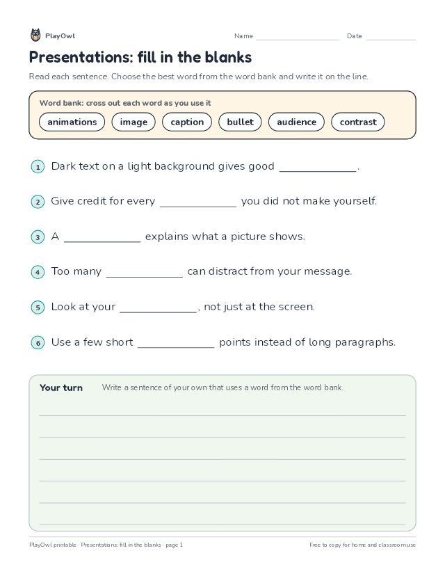 Presentations: fill in the blanks: fill-in-the-blank worksheet for Grade 6, page 1 preview