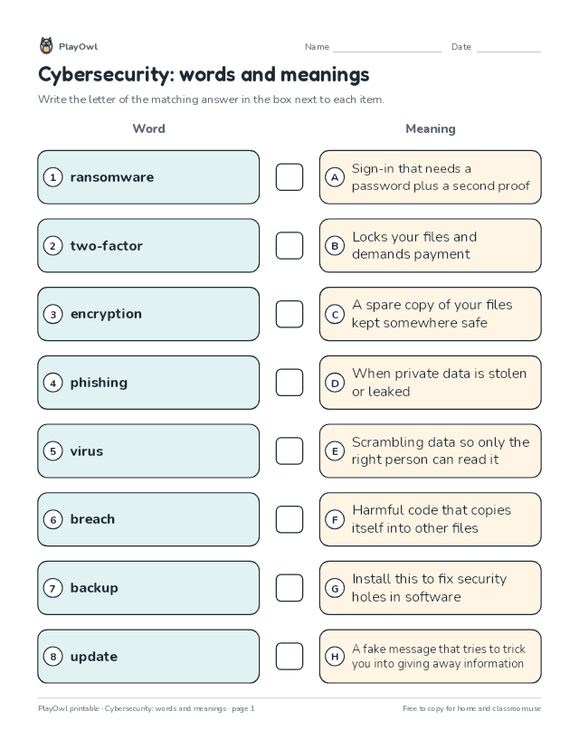 Cybersecurity: words and meanings: matching worksheet for Grade 6, page 1 preview