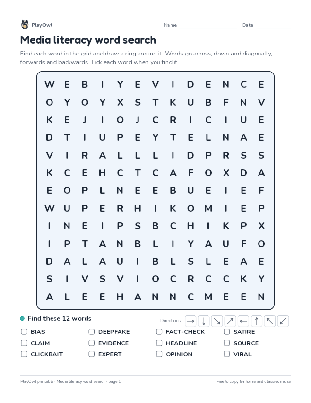 Media literacy word search: word search for Grade 6, page 1 preview
