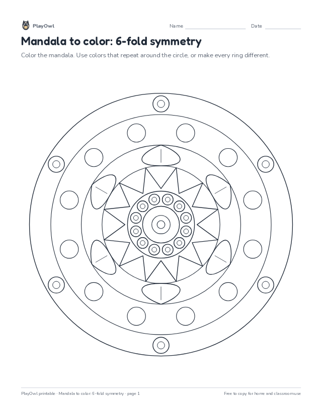 Mandala to color: 6-fold symmetry: coloring page for Grades 6–8, page 1 preview