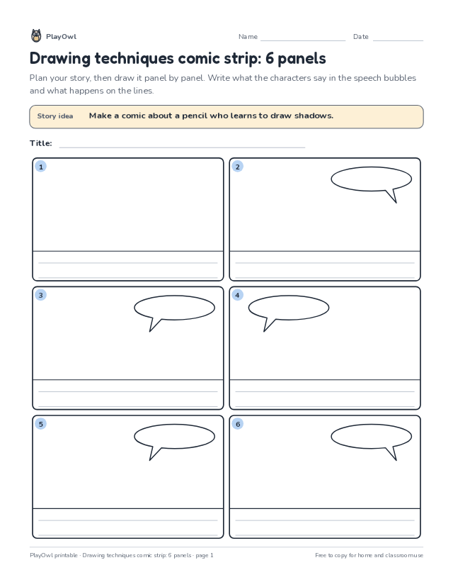 Drawing techniques comic strip: 6 panels: comic strip worksheet for Grade 6, page 1 preview