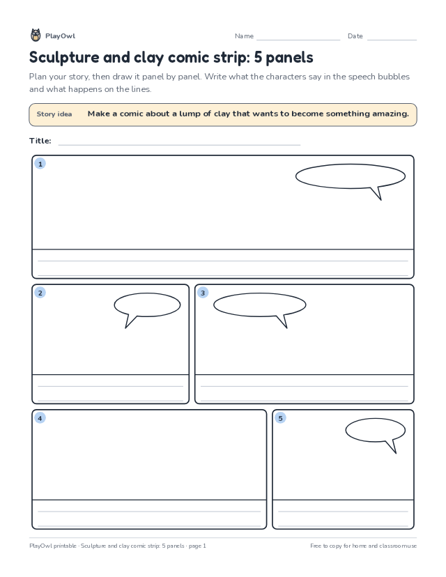 Sculpture and clay comic strip: 5 panels: comic strip worksheet for Grade 6, page 1 preview