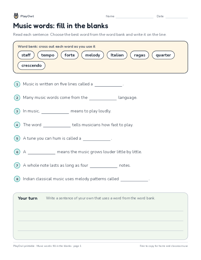 Music words: fill in the blanks: fill-in-the-blank worksheet for Grade 6, page 1 preview