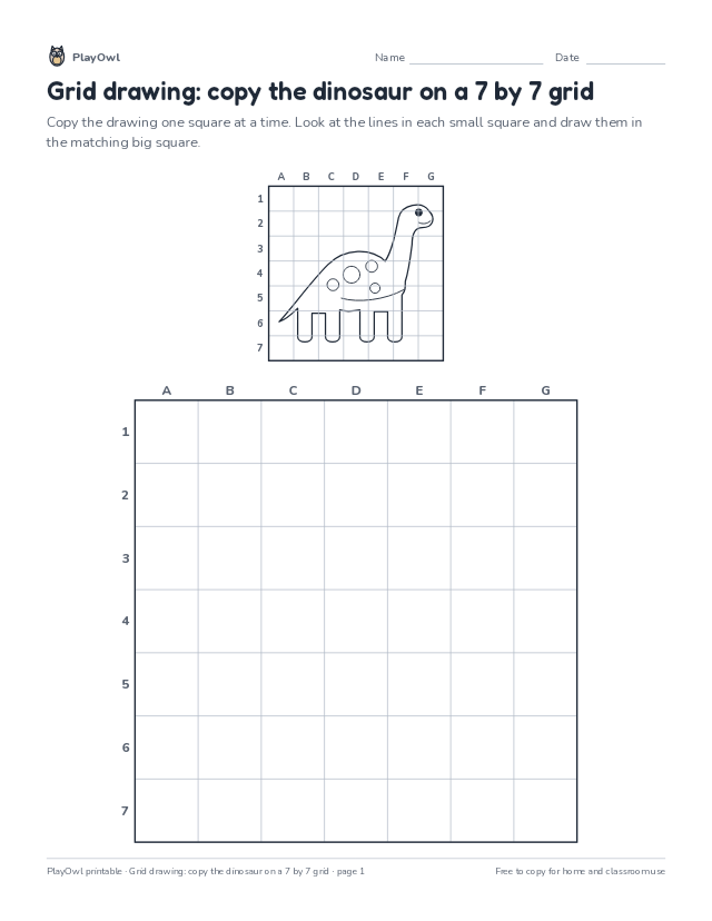 Grid drawing: copy the dinosaur on a 7 by 7 grid: grid drawing worksheet for Grades 6–8, page 1 preview